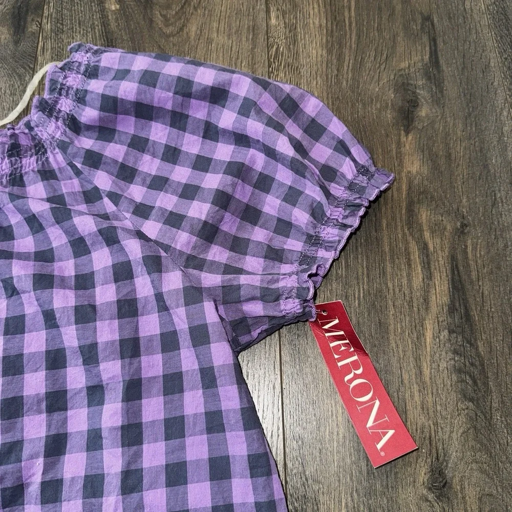 Merona Women's XL Purple Gingham Plaid Blouse Cap Sleeve Boho Cowgirl Cottage - Picture 5 of 12